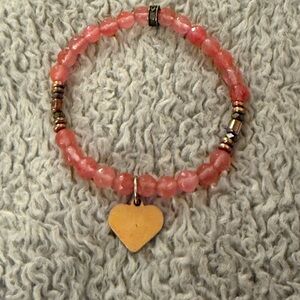 Pink Beaded Bracelet with Gold Heart Charm - Women's Jewelry